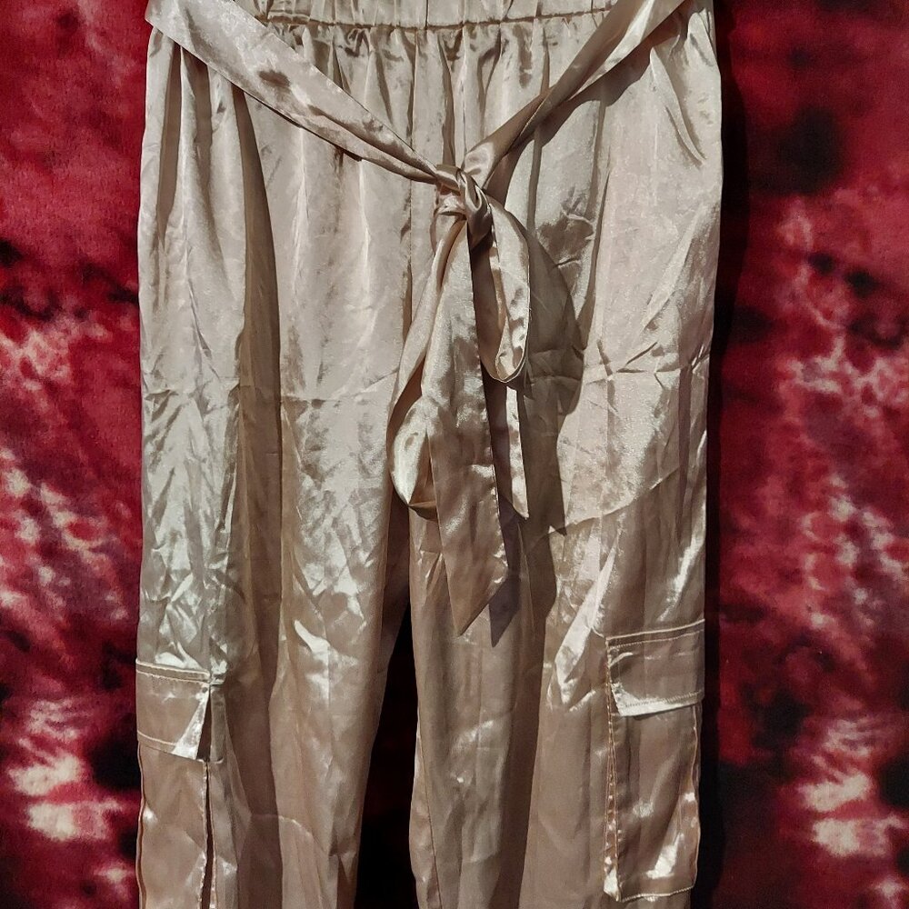 prettylittlething high waisted gold satin harem cargo pants with tie waist